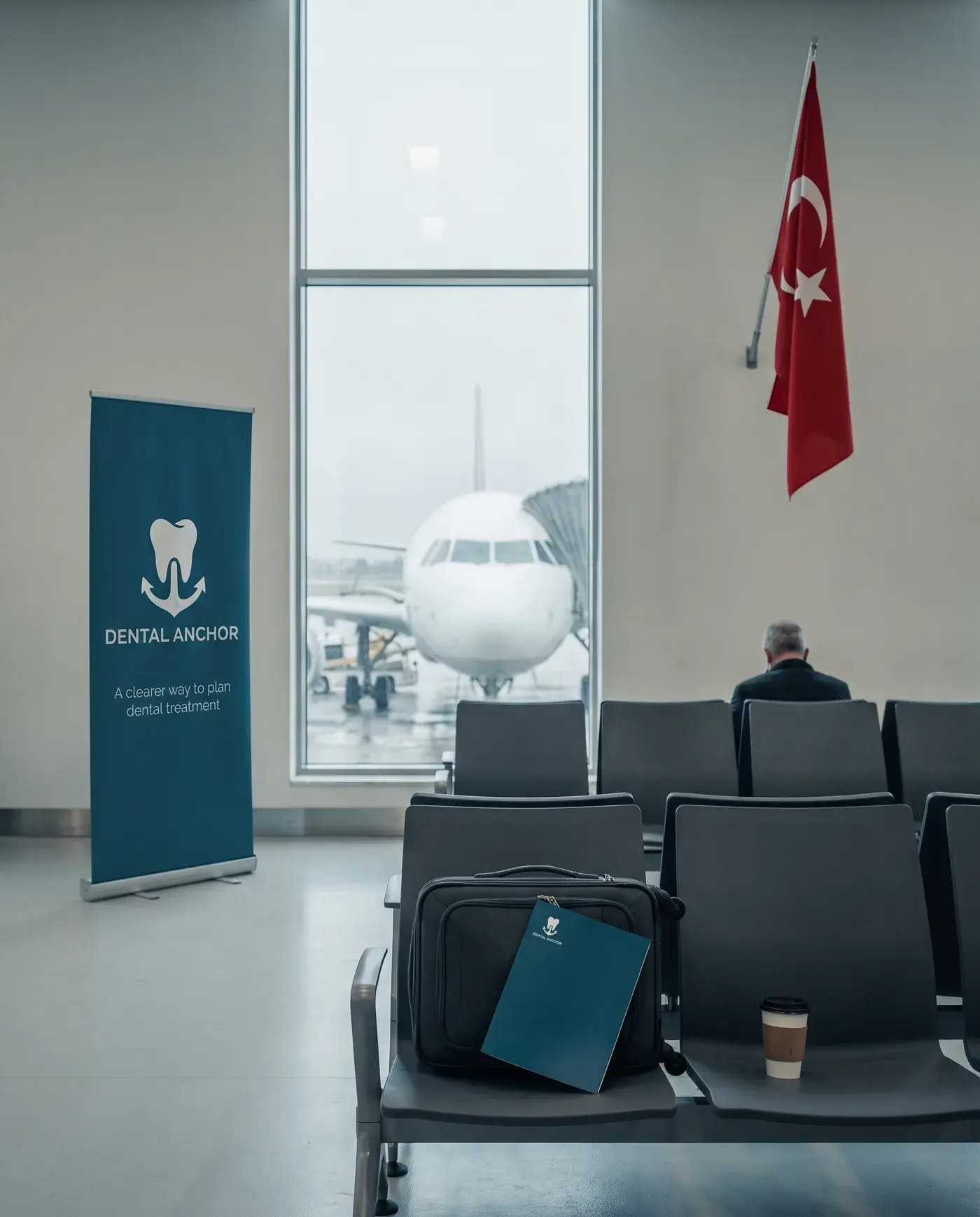 A quiet airport gate lounge in Istanbul — a Turkish flag on the wall, an aircraft at the stand beyond the window, and a cabin bag and Dental Anchor document folder on the seats