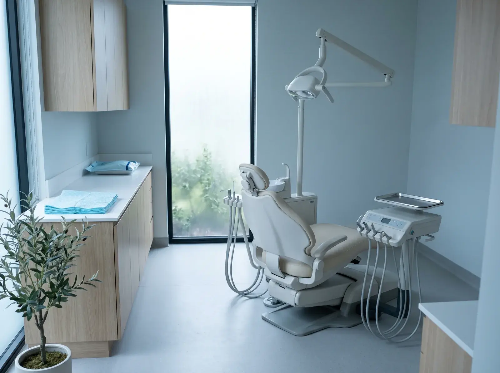 An empty dental treatment room in daylight — a reclined chair, overhead light, pale wood cabinetry and a tall window